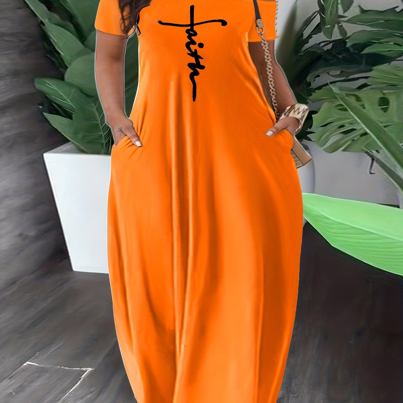 Casual Dress Cross Letter Print Off Shoulder Short Sleeve Maxi Dress With Pockets