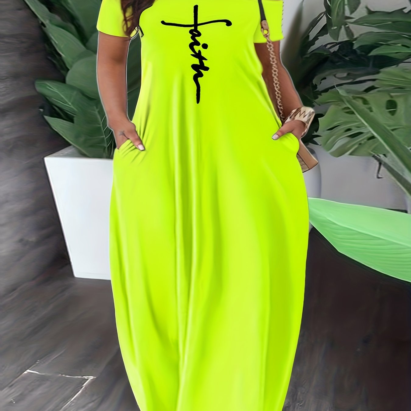 Casual Dress Cross Letter Print Off Shoulder Short Sleeve Maxi Dress With Pockets
