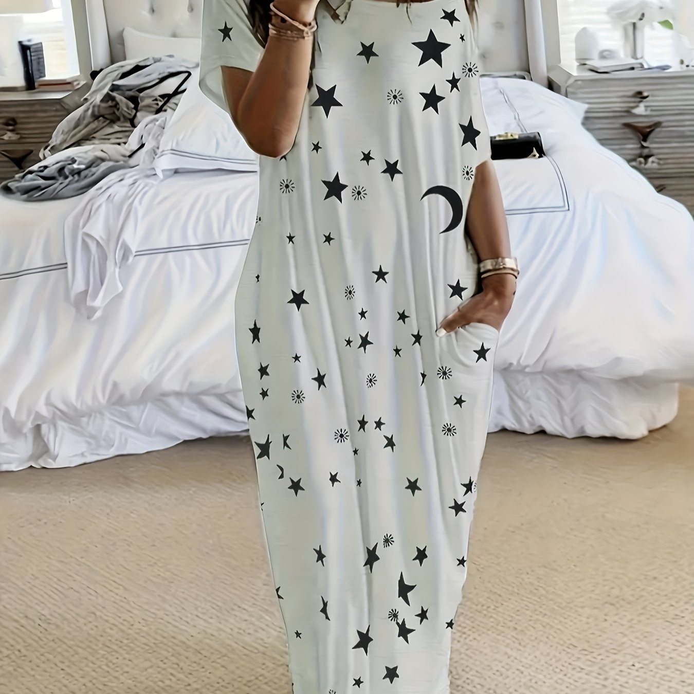 Tie Dye Butterfly Print Casual Lounge Dress, Short Sleeve Boat Neck Loose Fit Maxi Dress With Pockets, Comfortable