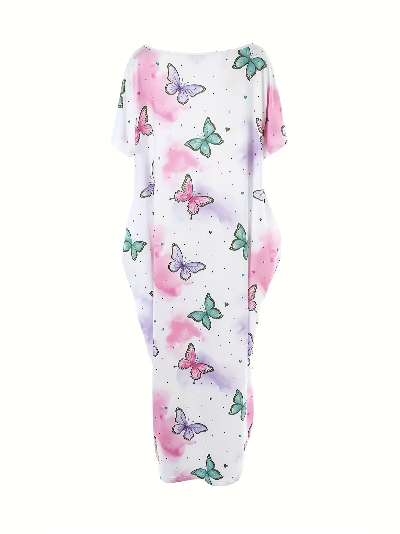 Tie Dye Butterfly Print Casual Lounge Dress, Short Sleeve Boat Neck Loose Fit Maxi Dress With Pockets, Comfortable