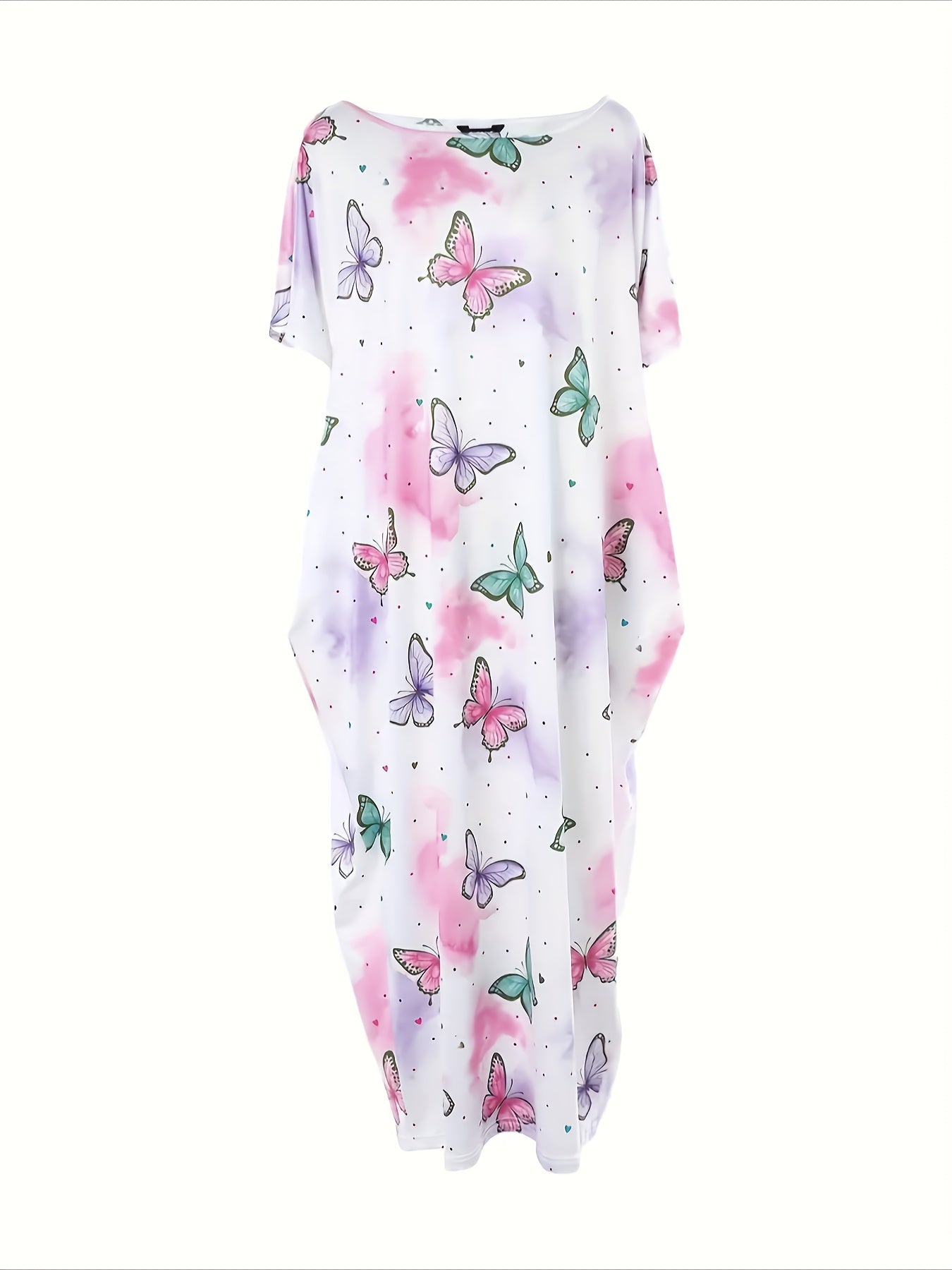 Tie Dye Butterfly Print Casual Lounge Dress, Short Sleeve Boat Neck Loose Fit Maxi Dress With Pockets, Comfortable