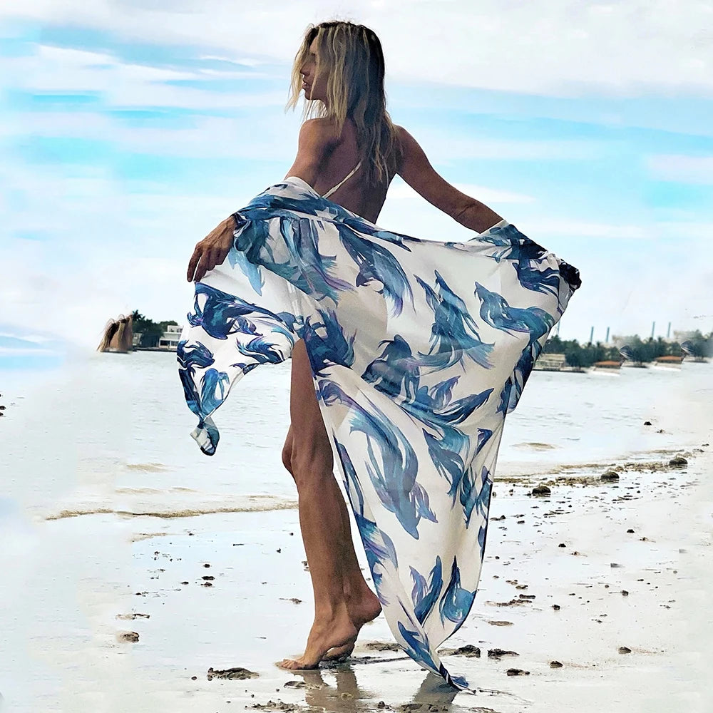 Leaves Print Bikini Beach Cover up Tunics for Beach Long Kaftan Cover up Beach Swimsuit cover-ups