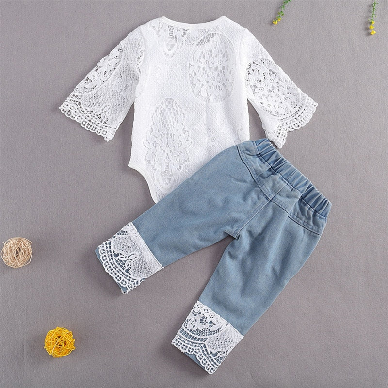 Lace Romper Suit Triangle Crotch Lace Top ripped Long Jeans 2Pcs Outfit