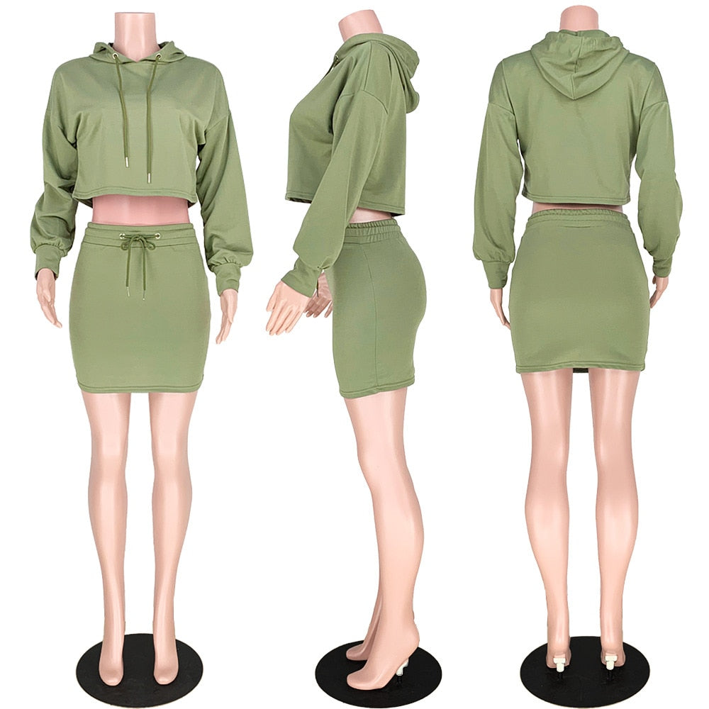 Women Hooded Skirt Two Piece Set Top +Mini Dress Tracksuit Outfits women clothing sets Solid 5 Color