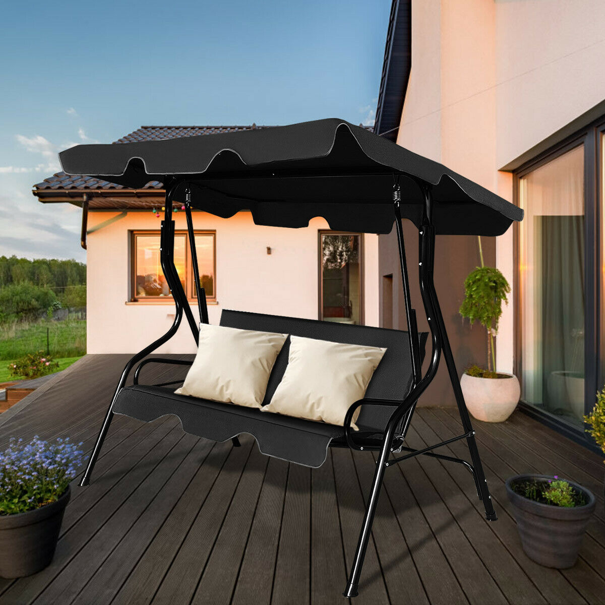 3 Seats Patio Canopy Swing Glider Hammock Cushioned Steel Frame Backyard Black