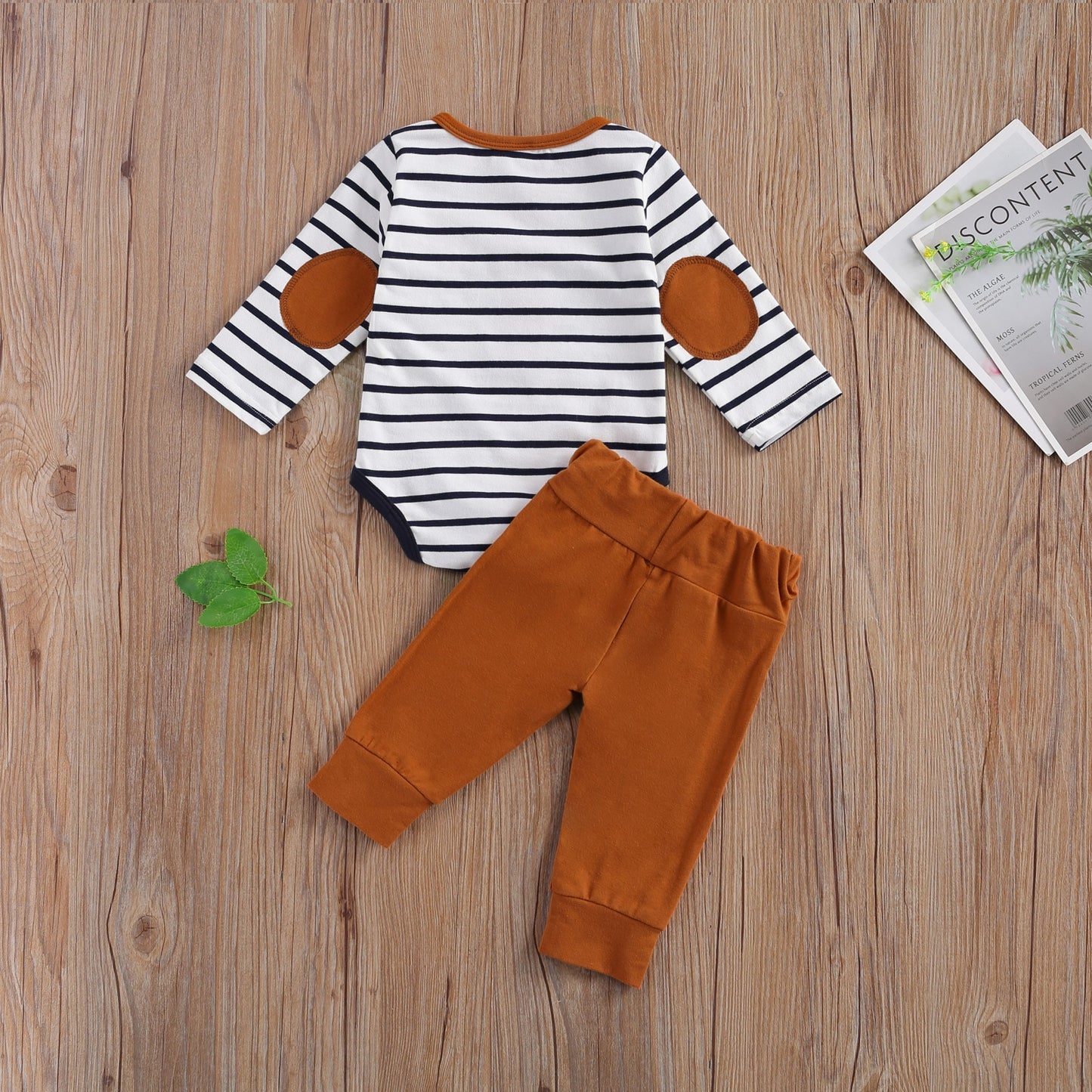 2 Pcs Baby Casual Suit Clothing Round Neck Long Sleeve Stripe Romper Button Decoration Loose Trousers