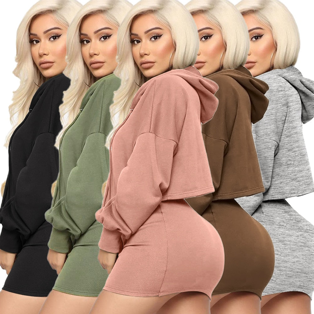 Women Hooded Skirt Two Piece Set Top +Mini Dress Tracksuit Outfits women clothing sets Solid 5 Color