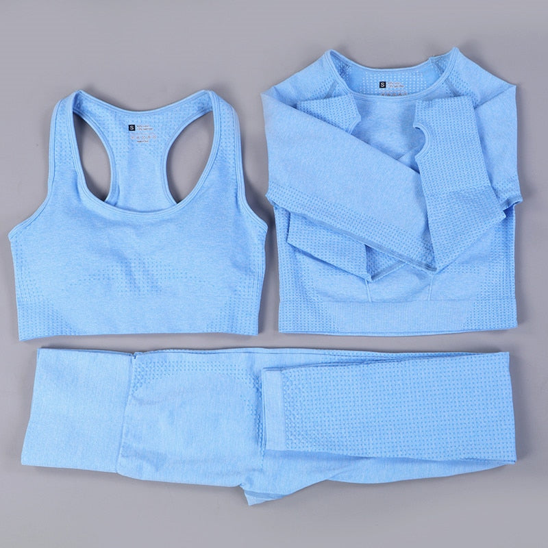2/3PCS Seamless Yoga Set Workout Sportswear Gym Clothing Fitness Long Sleeve Crop Top High Waist Leggings Sports Suit
