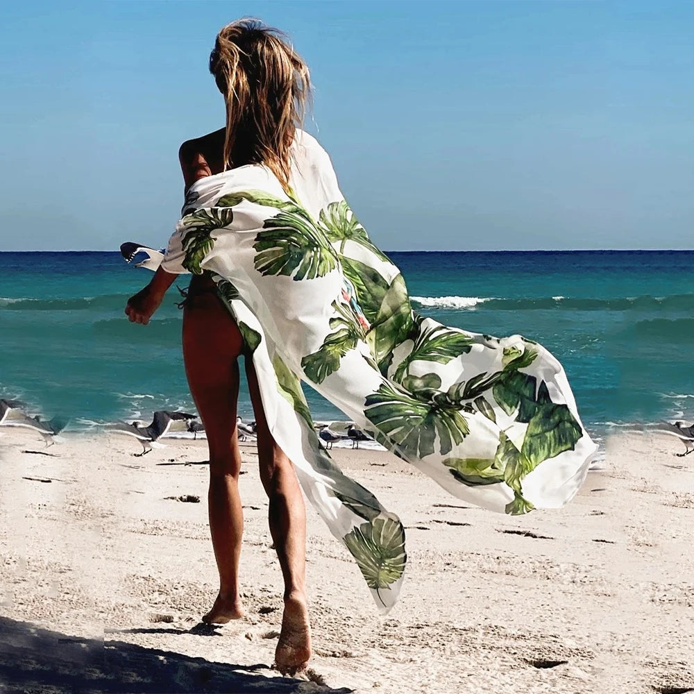 Leaves Print Bikini Beach Cover up Tunics for Beach Long Kaftan Cover up Beach Swimsuit cover-ups