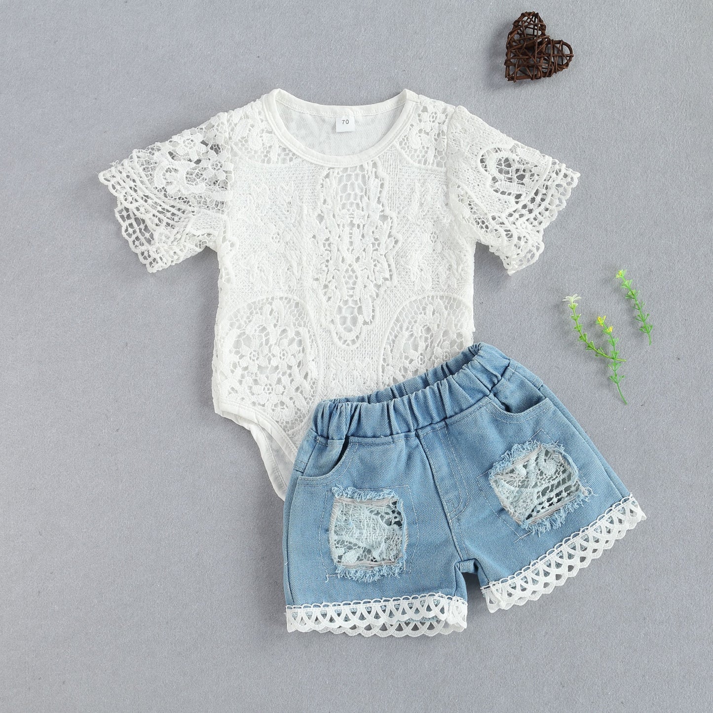 Lace Romper Suit Triangle Crotch Lace Top ripped Long Jeans 2Pcs Outfit