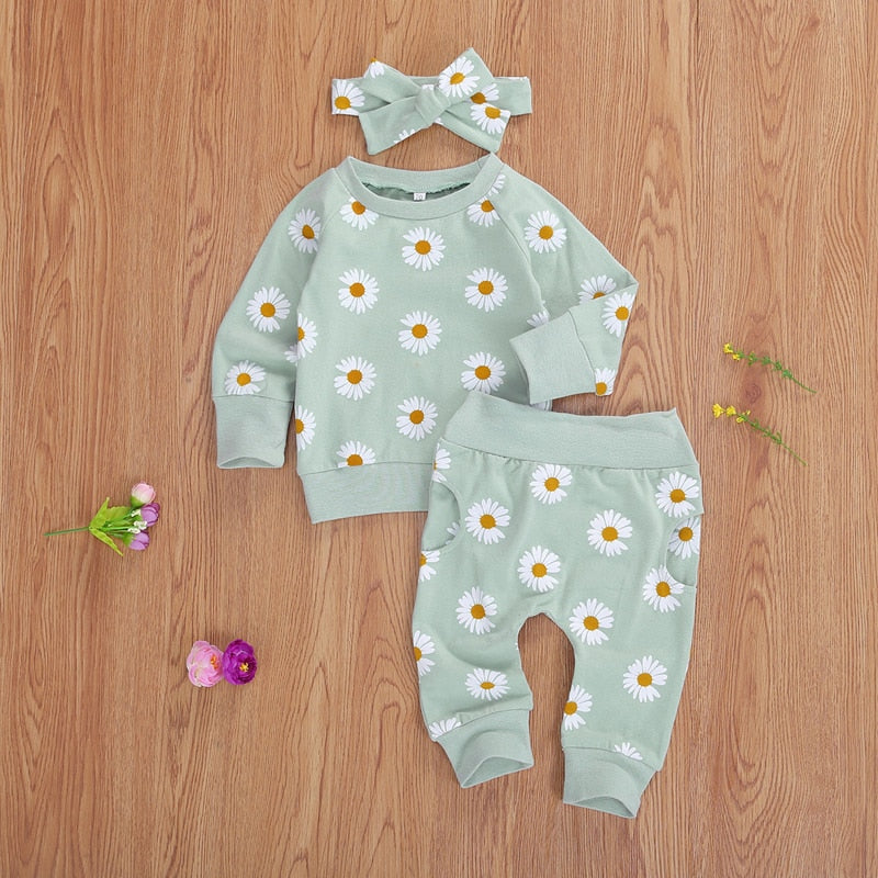 0-24M Toddler Newborn Infant Baby Girl Autumn Clothing Set Daisy Printed Cotton Top Long pants 2Pcs Outfits 3Colors