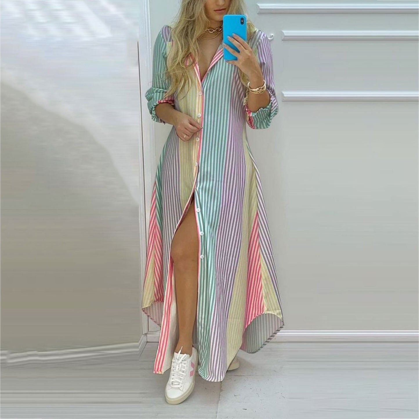 Women Stripe print Long Shirt Dress Fashion Boho Beach Button Big Maxi Dress New Oversized