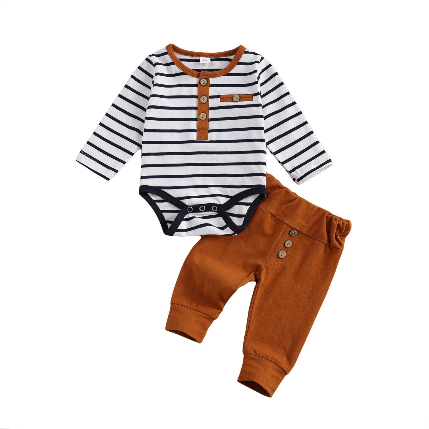 2 Pcs Baby Casual Suit Clothing Round Neck Long Sleeve Stripe Romper Button Decoration Loose Trousers