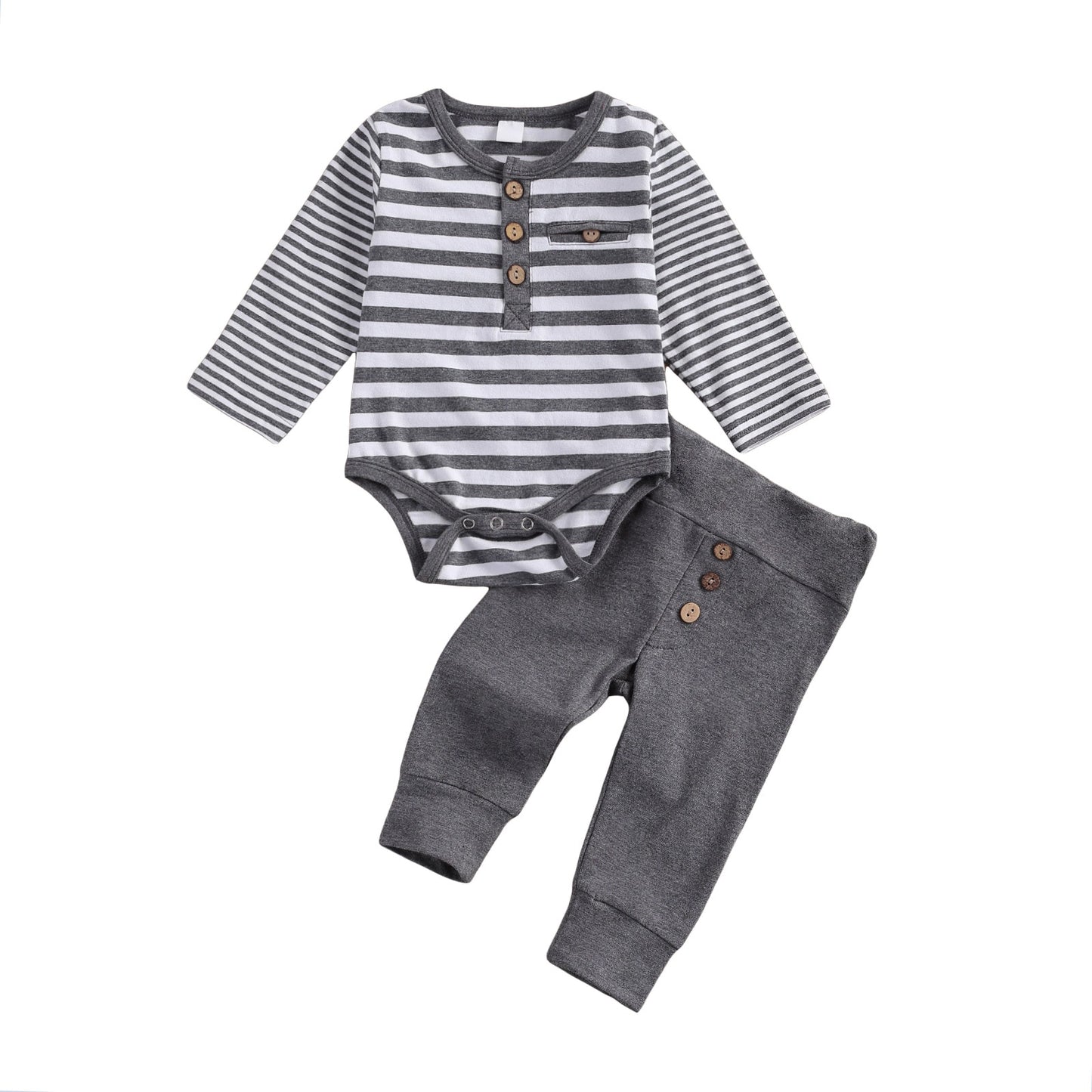 2 Pcs Baby Casual Suit Clothing Round Neck Long Sleeve Stripe Romper Button Decoration Loose Trousers