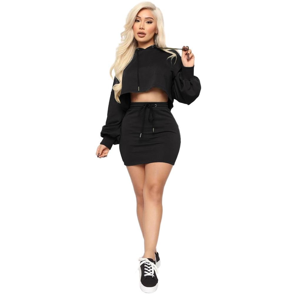 Women Hooded Skirt Two Piece Set Top +Mini Dress Tracksuit Outfits women clothing sets Solid 5 Color