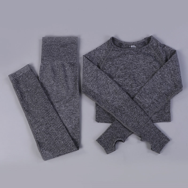 2/3PCS Seamless Yoga Set Workout Sportswear Gym Clothing Fitness Long Sleeve Crop Top High Waist Leggings Sports Suit