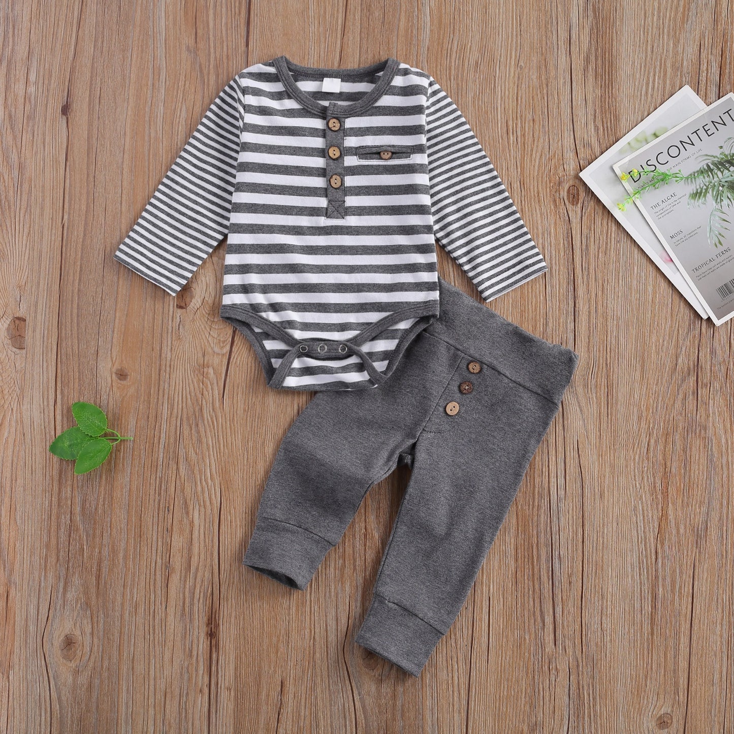 2 Pcs Baby Casual Suit Clothing Round Neck Long Sleeve Stripe Romper Button Decoration Loose Trousers