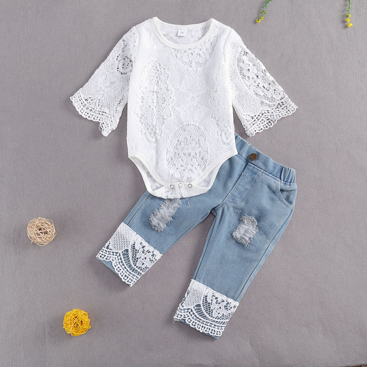 Lace Romper Suit Triangle Crotch Lace Top ripped Long Jeans 2Pcs Outfit