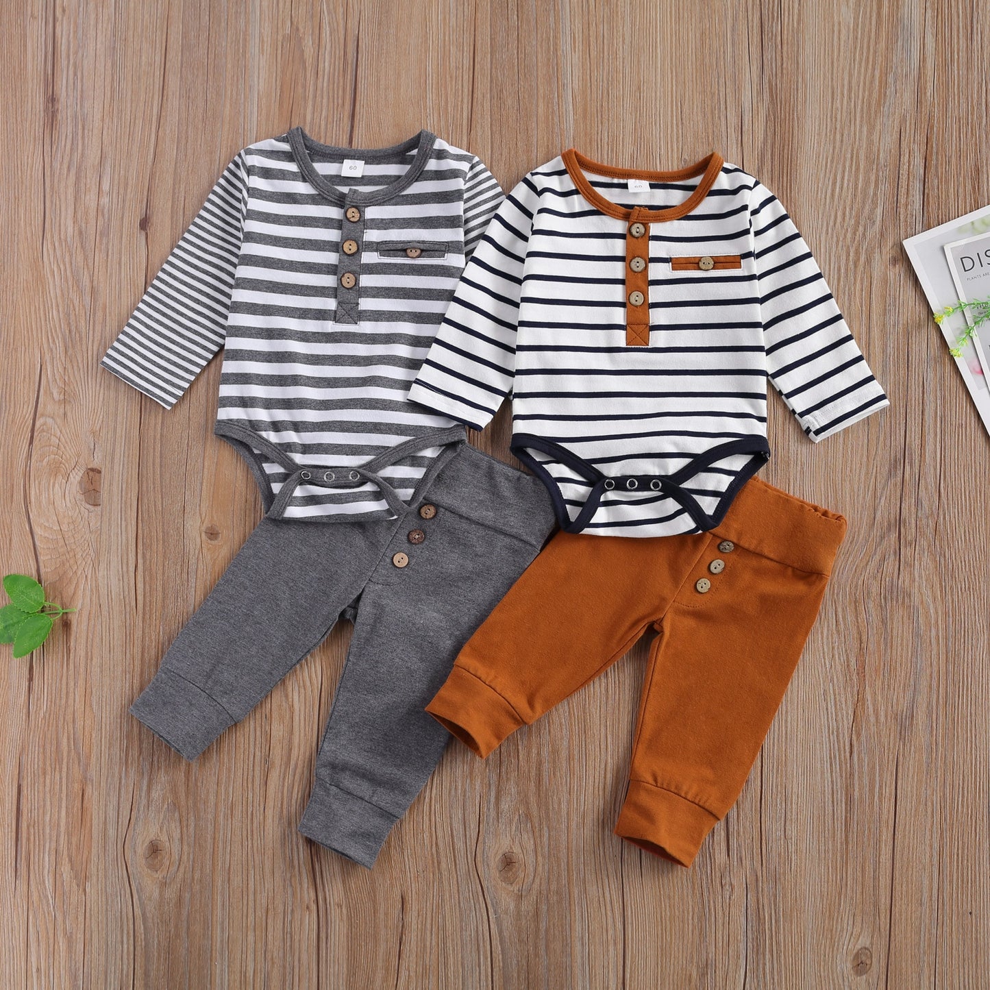 2 Pcs Baby Casual Suit Clothing Round Neck Long Sleeve Stripe Romper Button Decoration Loose Trousers