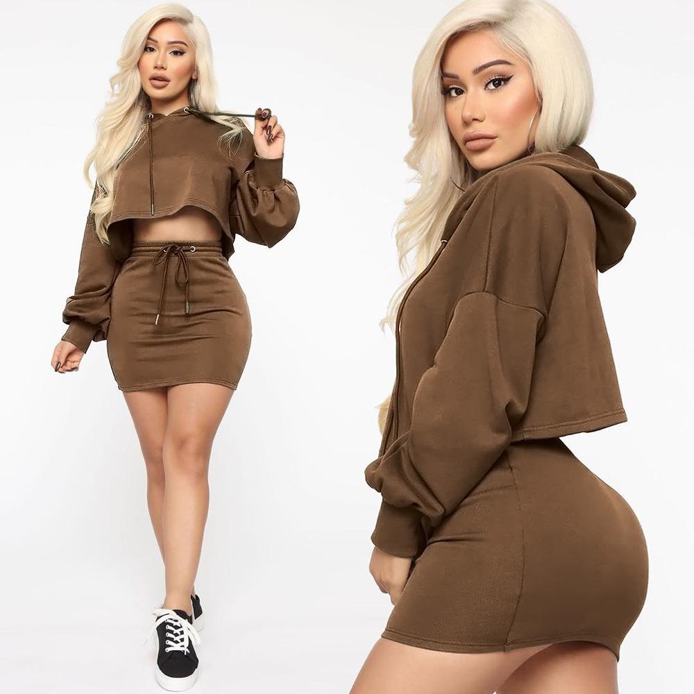 Women Hooded Skirt Two Piece Set Top +Mini Dress Tracksuit Outfits women clothing sets Solid 5 Color