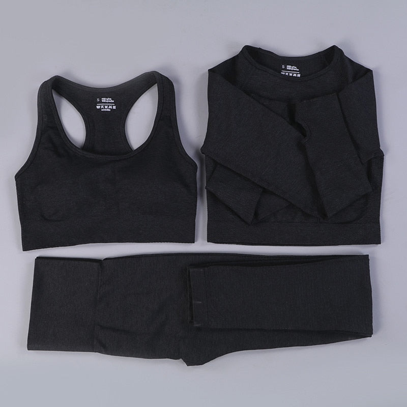 2/3PCS Seamless Yoga Set Workout Sportswear Gym Clothing Fitness Long Sleeve Crop Top High Waist Leggings Sports Suit