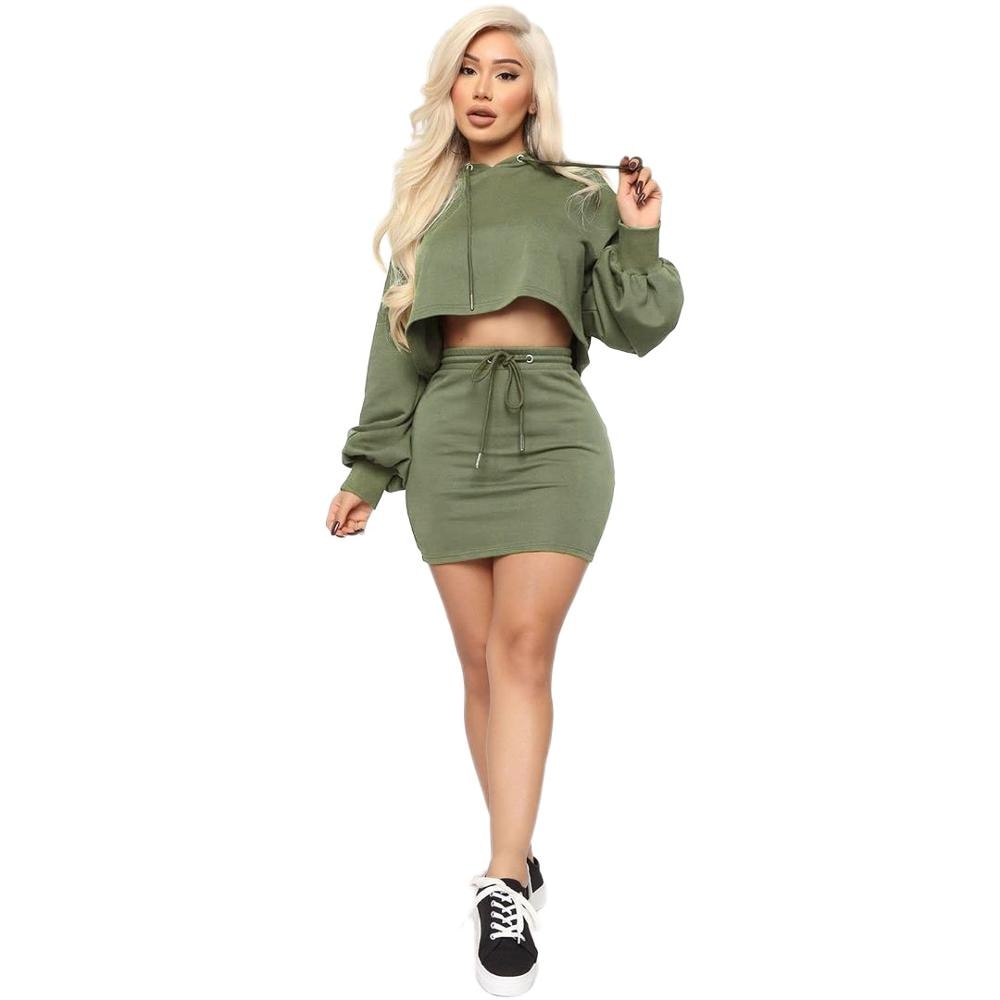 Women Hooded Skirt Two Piece Set Top +Mini Dress Tracksuit Outfits women clothing sets Solid 5 Color