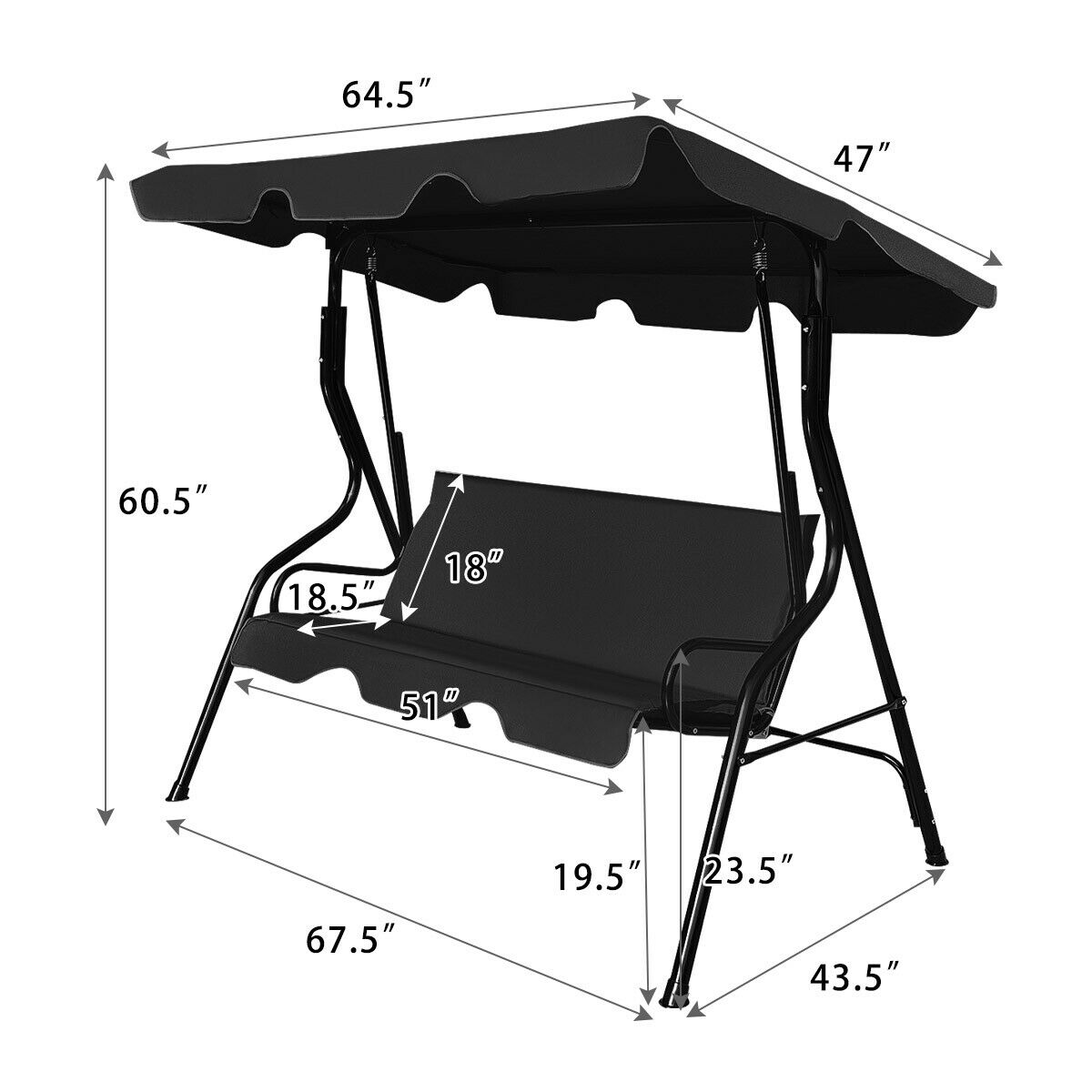 3 Seats Patio Canopy Swing Glider Hammock Cushioned Steel Frame Backyard Black