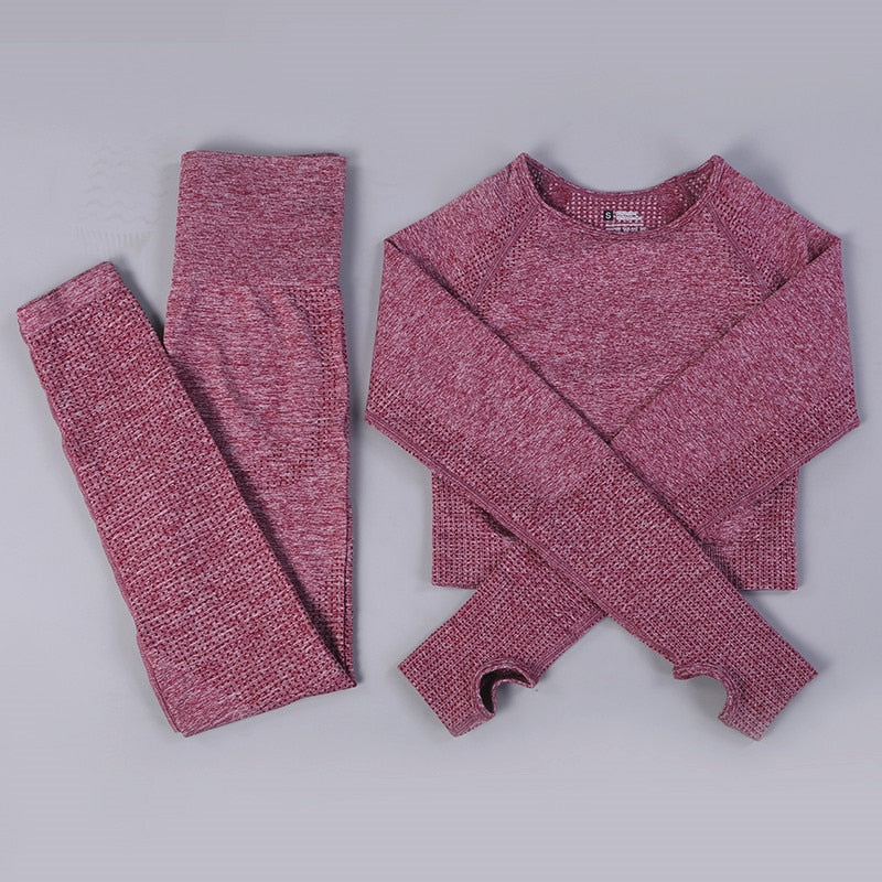 2/3PCS Seamless Yoga Set Workout Sportswear Gym Clothing Fitness Long Sleeve Crop Top High Waist Leggings Sports Suit