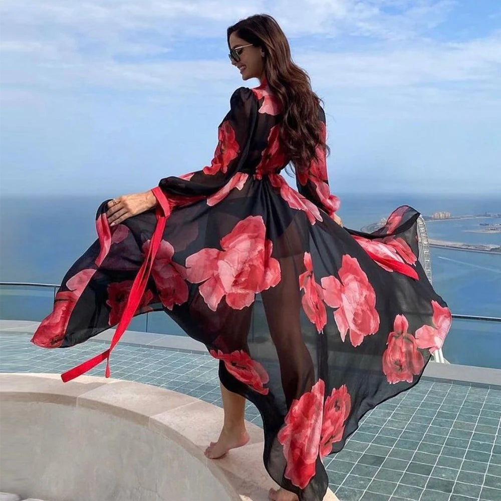 Leaves Print Bikini Beach Cover up Tunics for Beach Long Kaftan Cover up Beach Swimsuit cover-ups