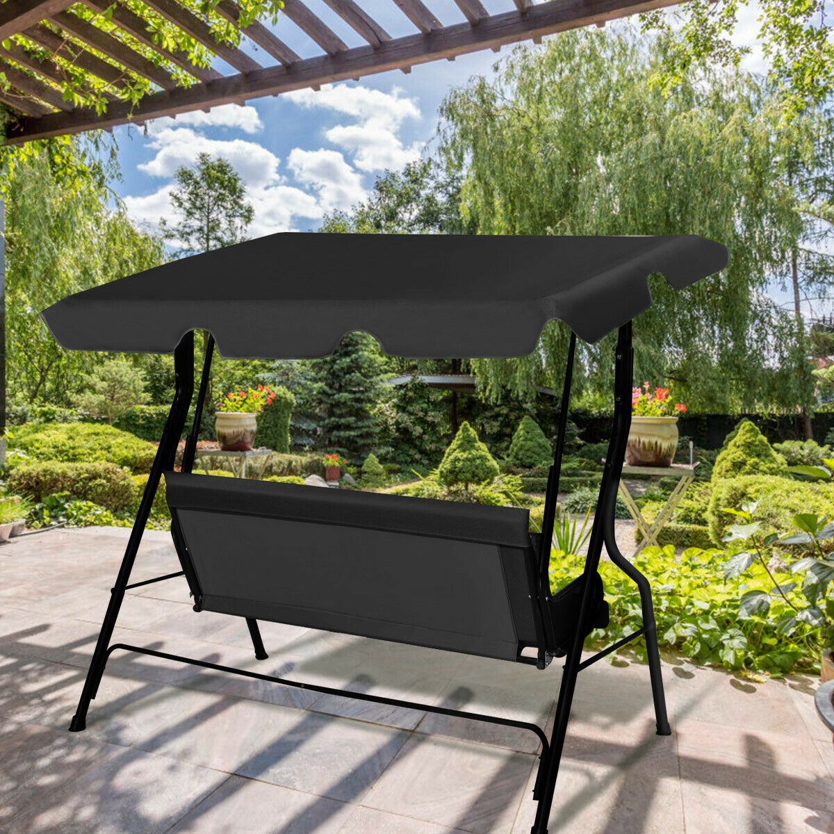 3 Seats Patio Canopy Swing Glider Hammock Cushioned Steel Frame Backyard Black