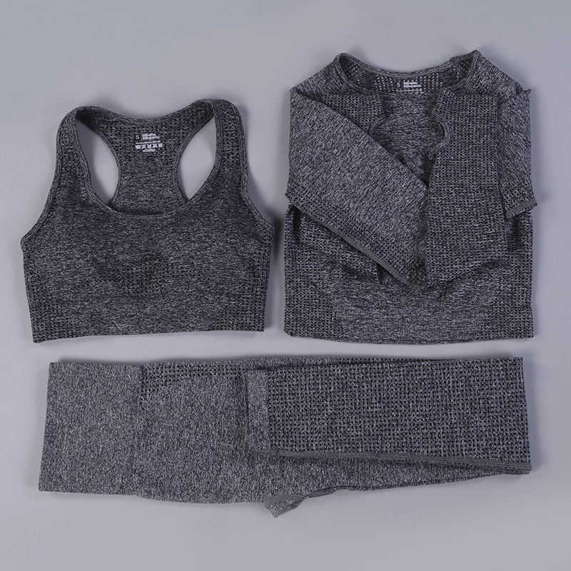 2/3PCS Seamless Yoga Set Workout Sportswear Gym Clothing Fitness Long Sleeve Crop Top High Waist Leggings Sports Suit