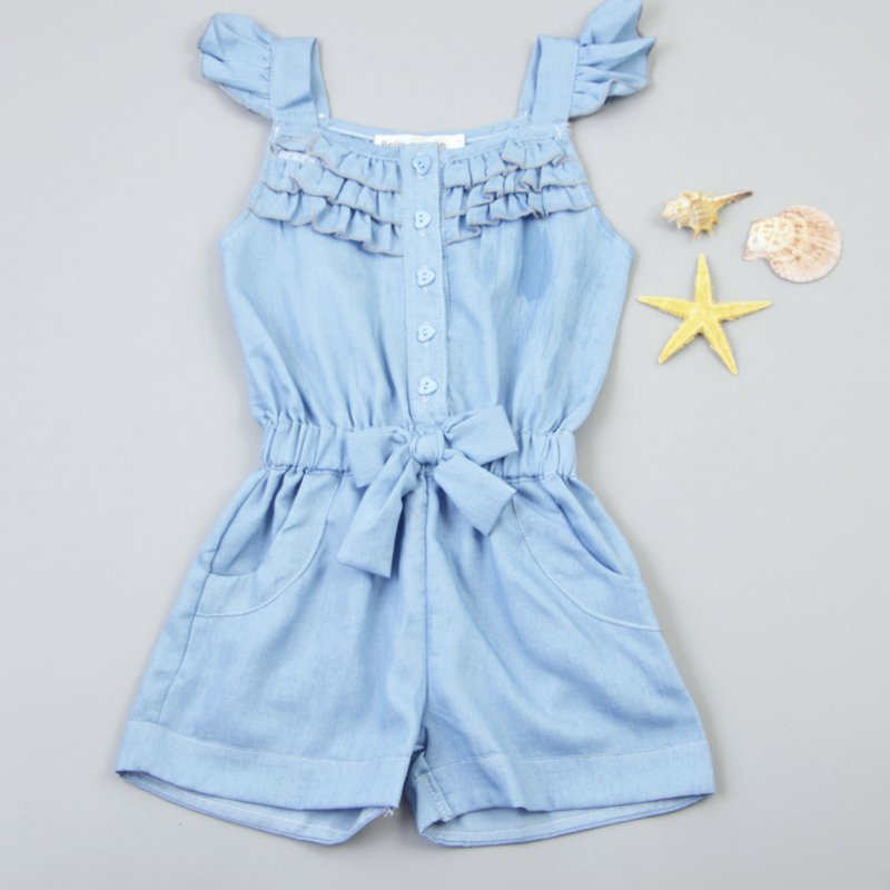 Kids Girls Clothing Rompers Denim Blue Cotton Washed Jeans Sleeveless Bow Jumpsuits