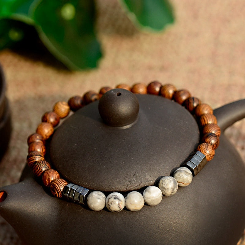 6MM Natural Wood Beads Bracelet Ethnic Hematite Lava Stone Bracelet Yoga Bracelet