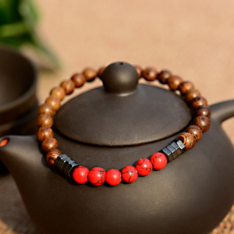 6MM Natural Wood Beads Bracelet Ethnic Hematite Lava Stone Bracelet Yoga Bracelet