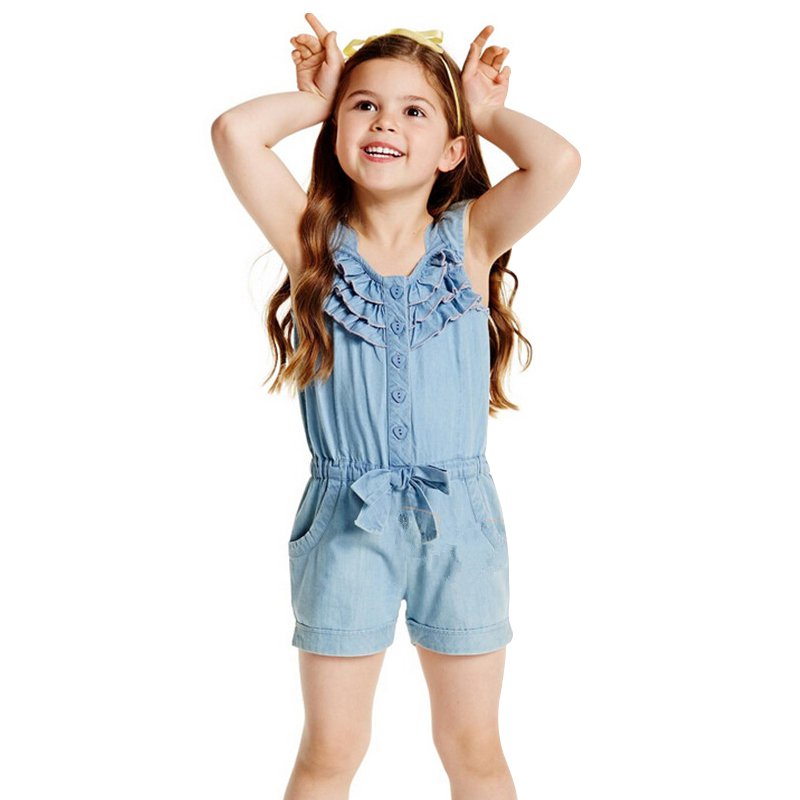 Kids Girls Clothing Rompers Denim Blue Cotton Washed Jeans Sleeveless Bow Jumpsuits