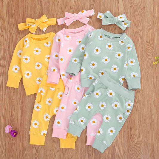 0-24M Toddler Newborn Infant Baby Girl Autumn Clothing Set Daisy Printed Cotton Top Long pants 2Pcs Outfits 3Colors