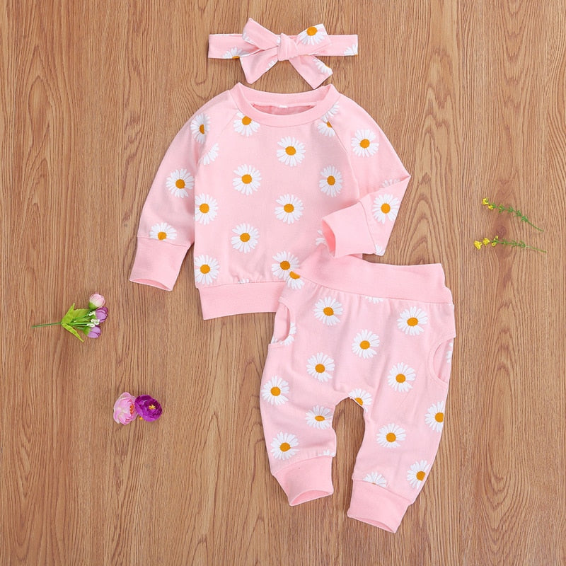 0-24M Toddler Newborn Infant Baby Girl Autumn Clothing Set Daisy Printed Cotton Top Long pants 2Pcs Outfits 3Colors