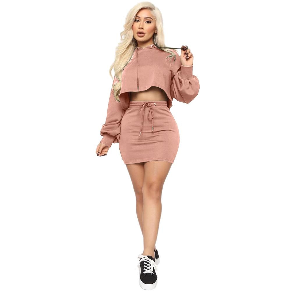 Women Hooded Skirt Two Piece Set Top +Mini Dress Tracksuit Outfits women clothing sets Solid 5 Color
