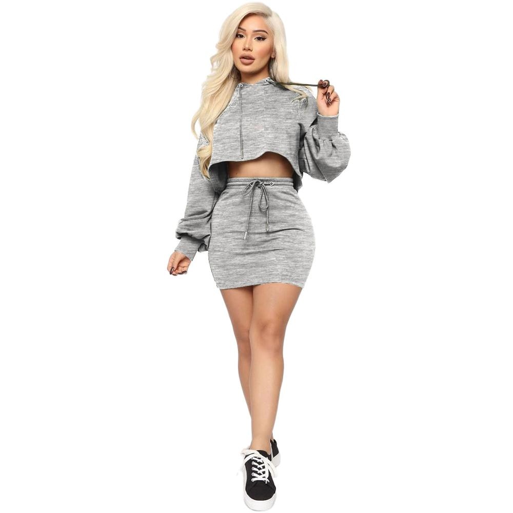 Women Hooded Skirt Two Piece Set Top +Mini Dress Tracksuit Outfits women clothing sets Solid 5 Color