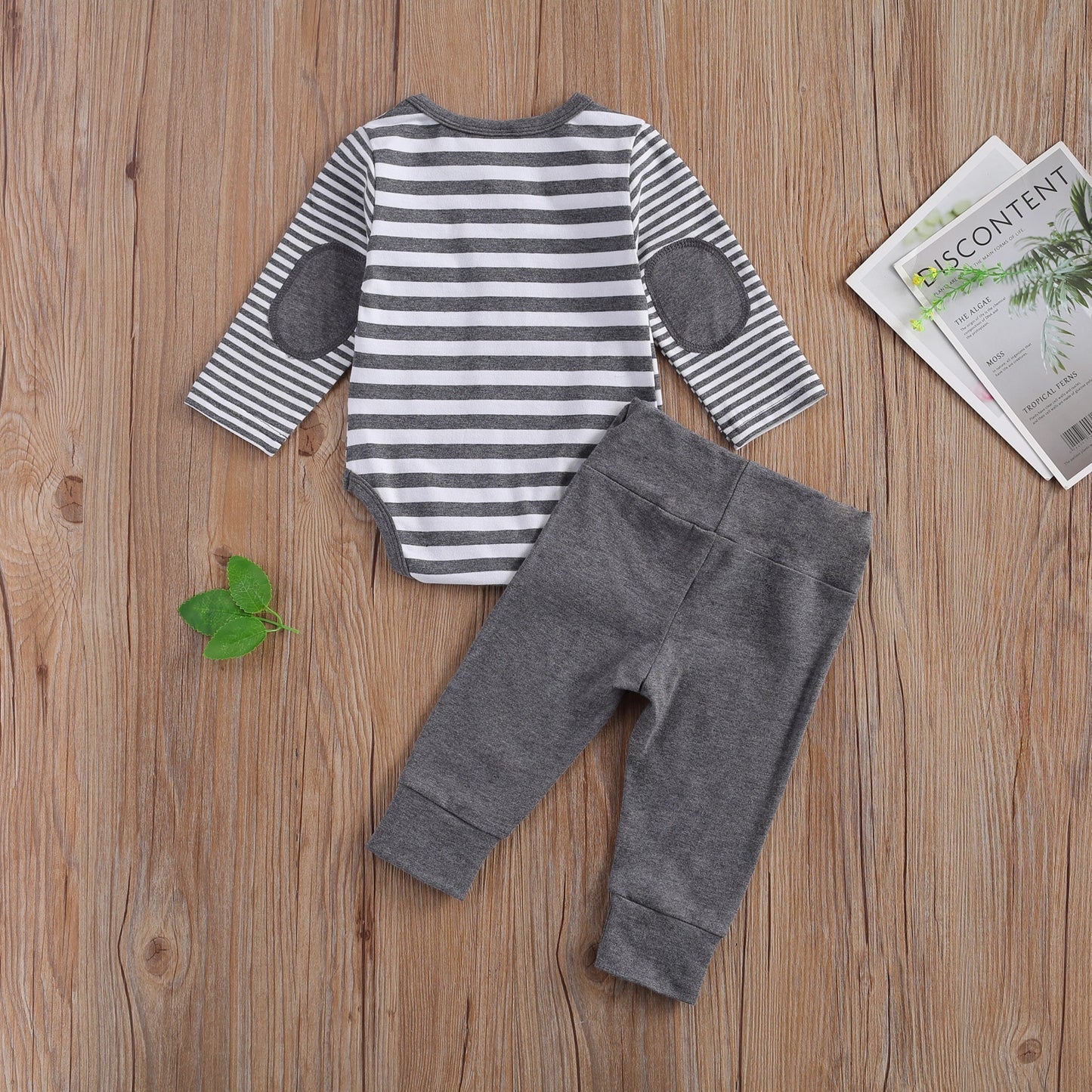 2 Pcs Baby Casual Suit Clothing Round Neck Long Sleeve Stripe Romper Button Decoration Loose Trousers