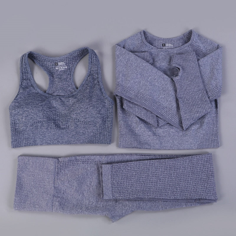 2/3PCS Seamless Yoga Set Workout Sportswear Gym Clothing Fitness Long Sleeve Crop Top High Waist Leggings Sports Suit