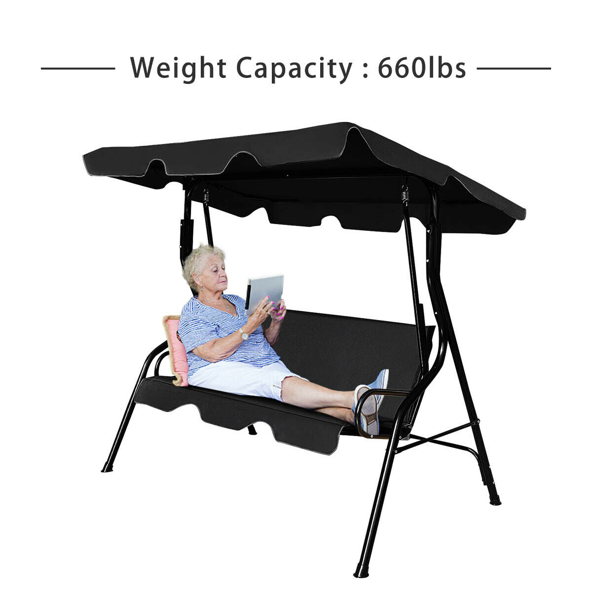 3 Seats Patio Canopy Swing Glider Hammock Cushioned Steel Frame Backyard Black