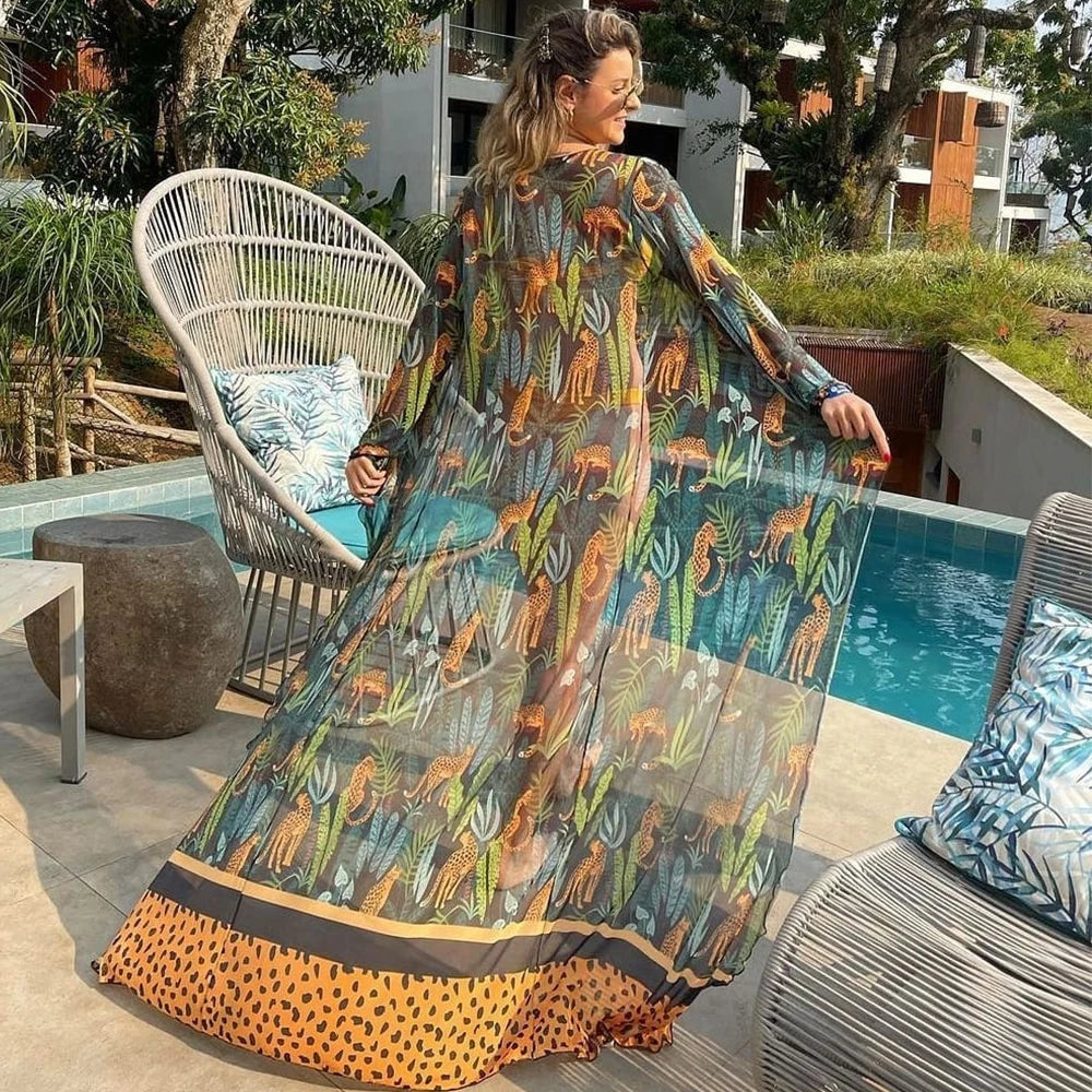 Leaves Print Bikini Beach Cover up Tunics for Beach Long Kaftan Cover up Beach Swimsuit cover-ups
