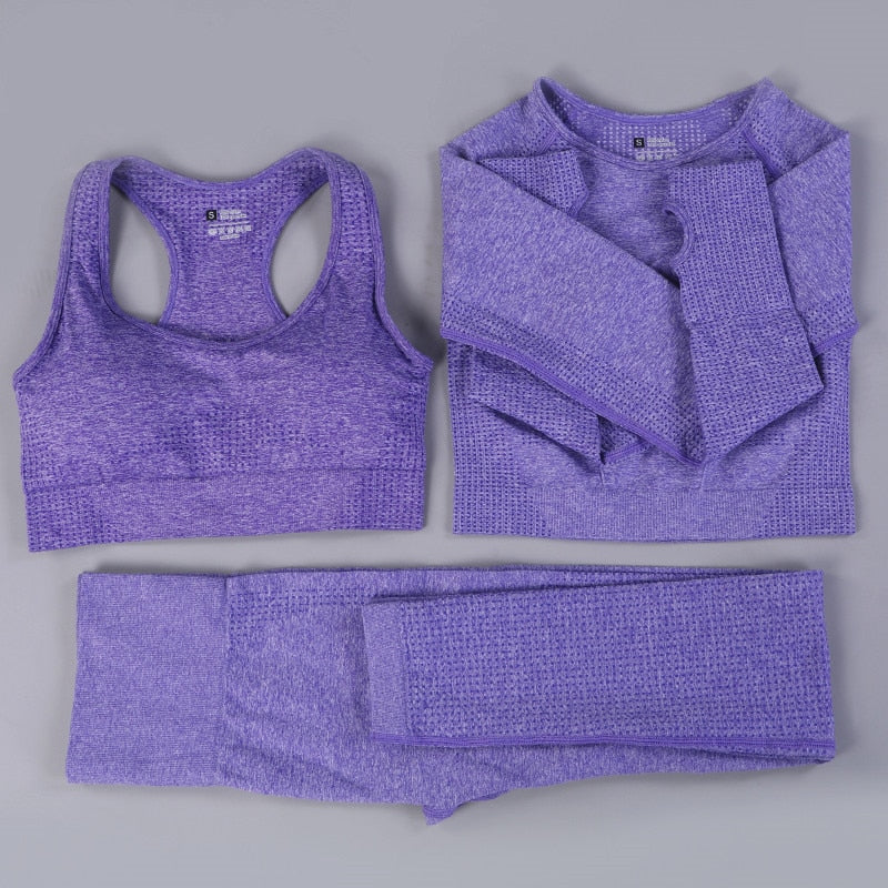 2/3PCS Seamless Yoga Set Workout Sportswear Gym Clothing Fitness Long Sleeve Crop Top High Waist Leggings Sports Suit