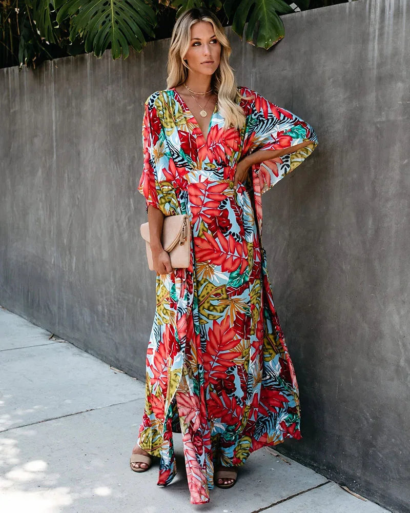 Leaves Print Bikini Beach Cover up Tunics for Beach Long Kaftan Cover up Beach Swimsuit cover-ups