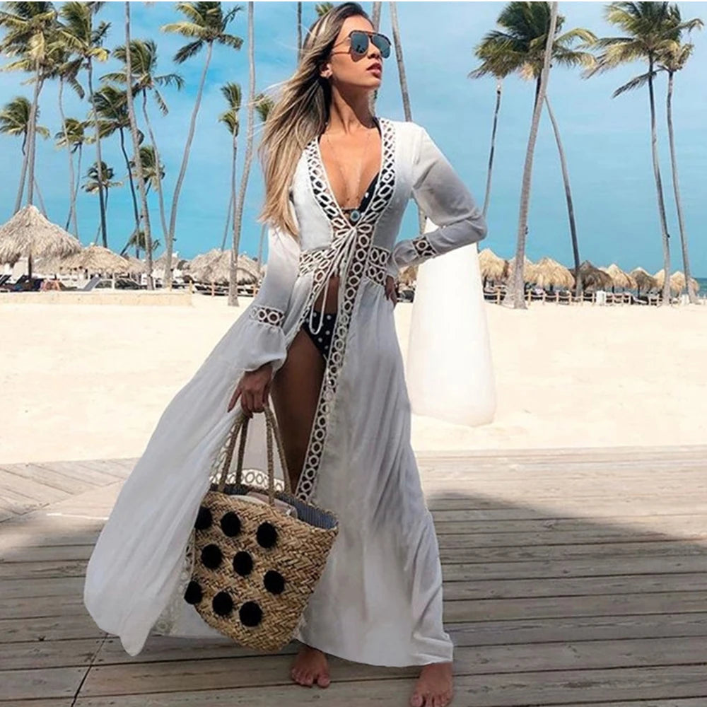 Leaves Print Bikini Beach Cover up Tunics for Beach Long Kaftan Cover up Beach Swimsuit cover-ups