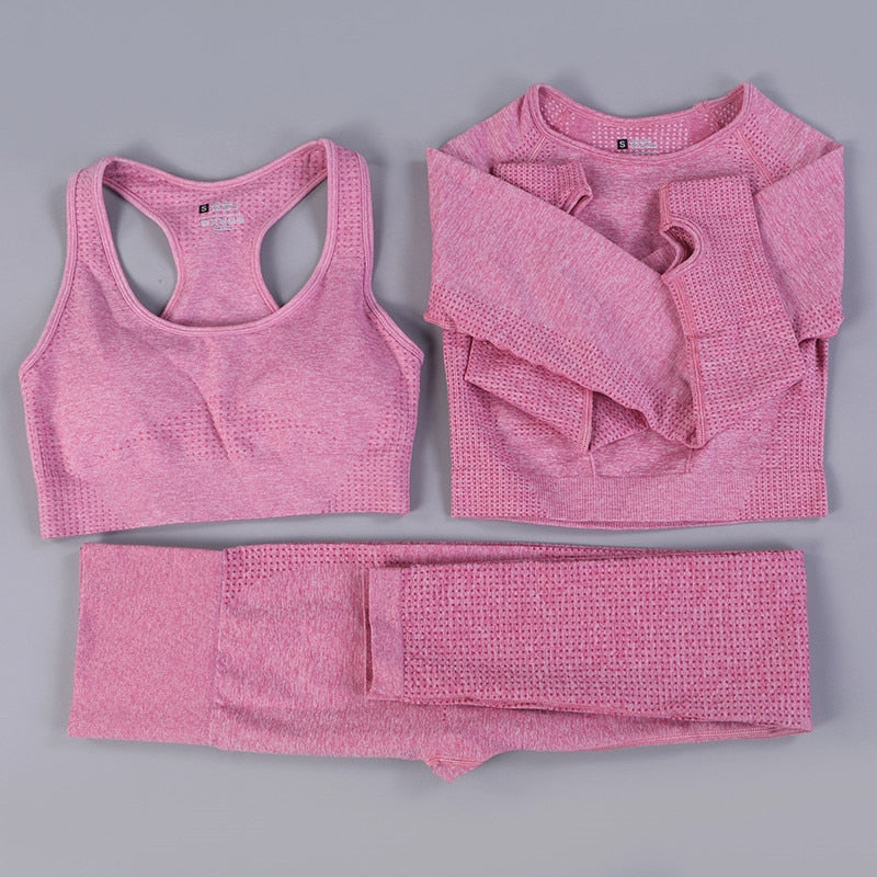 2/3PCS Seamless Yoga Set Workout Sportswear Gym Clothing Fitness Long Sleeve Crop Top High Waist Leggings Sports Suit
