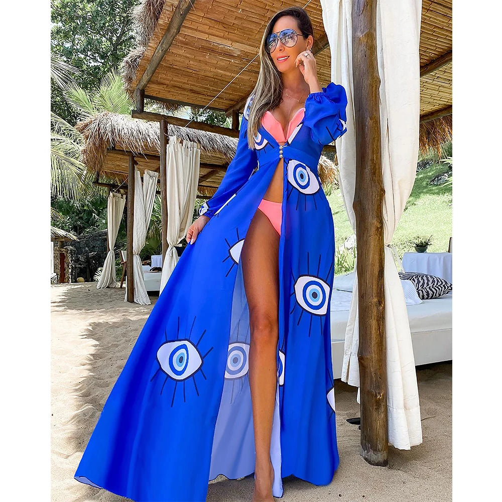 Leaves Print Bikini Beach Cover up Tunics for Beach Long Kaftan Cover up Beach Swimsuit cover-ups