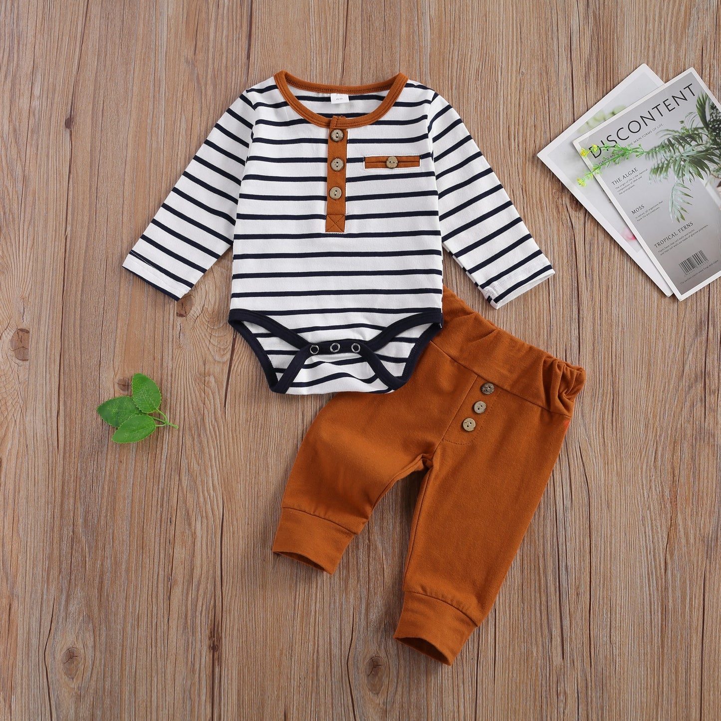 2 Pcs Baby Casual Suit Clothing Round Neck Long Sleeve Stripe Romper Button Decoration Loose Trousers