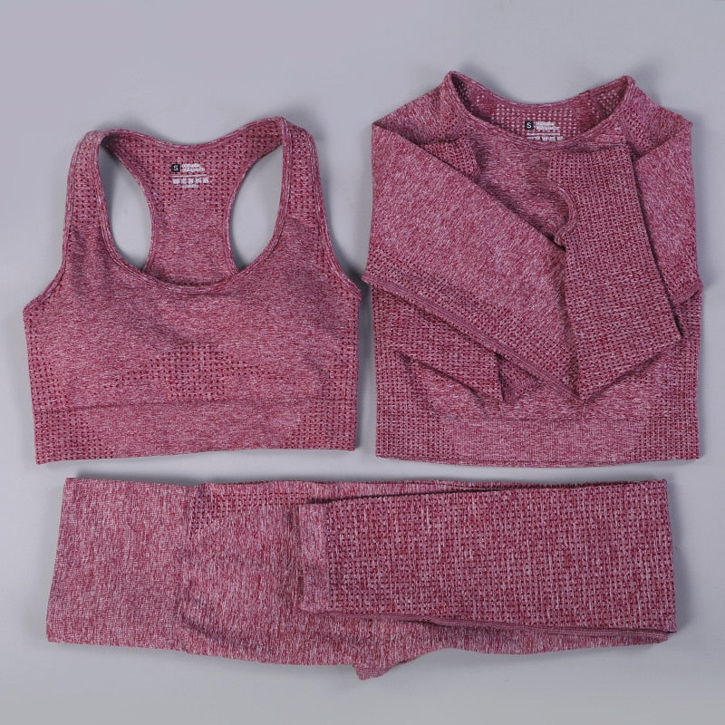 2/3PCS Seamless Yoga Set Workout Sportswear Gym Clothing Fitness Long Sleeve Crop Top High Waist Leggings Sports Suit